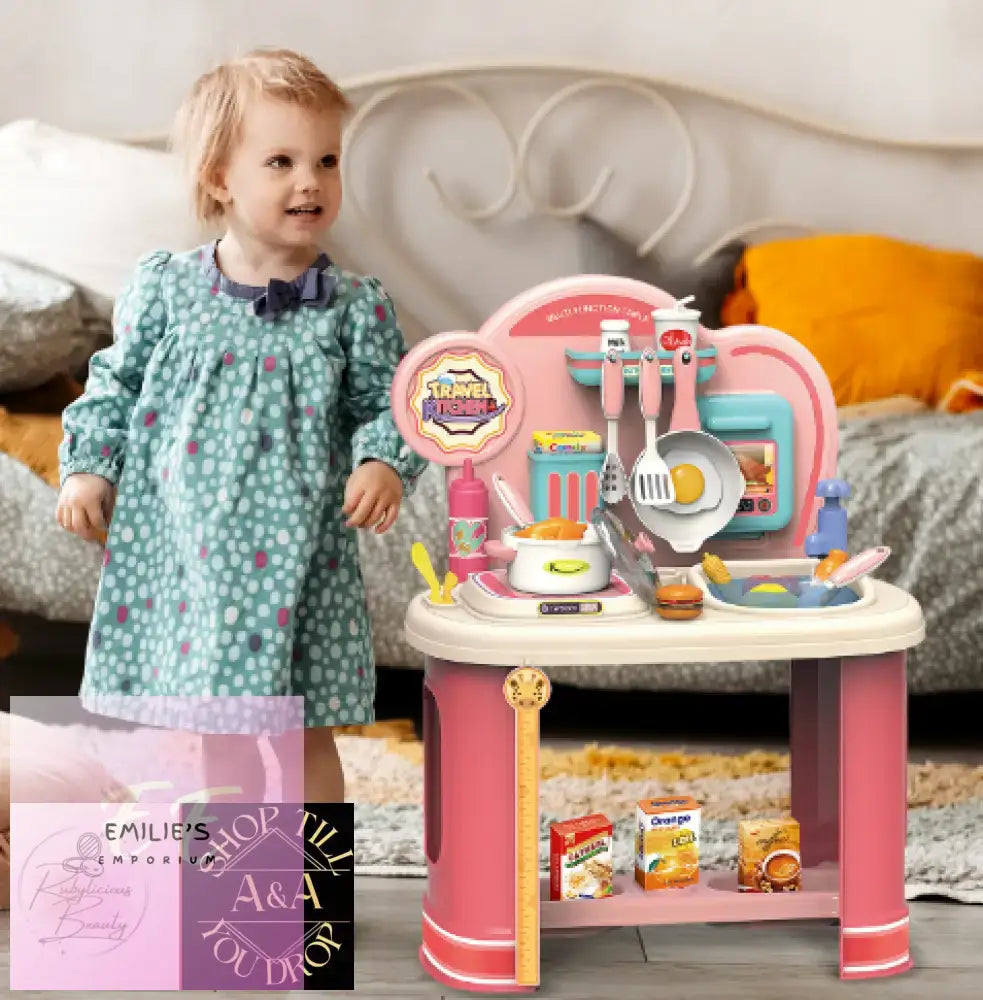 Pink Kids Kitchen Playset With Stove And 21 Accessories