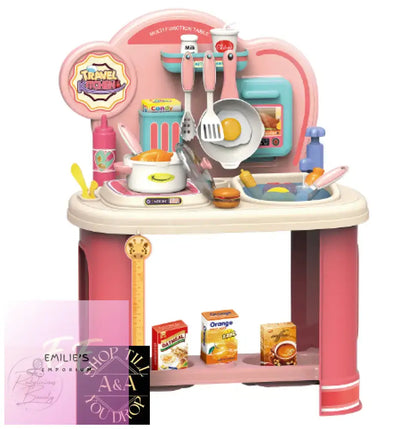 Pink Kids Kitchen Playset With Stove And 21 Accessories