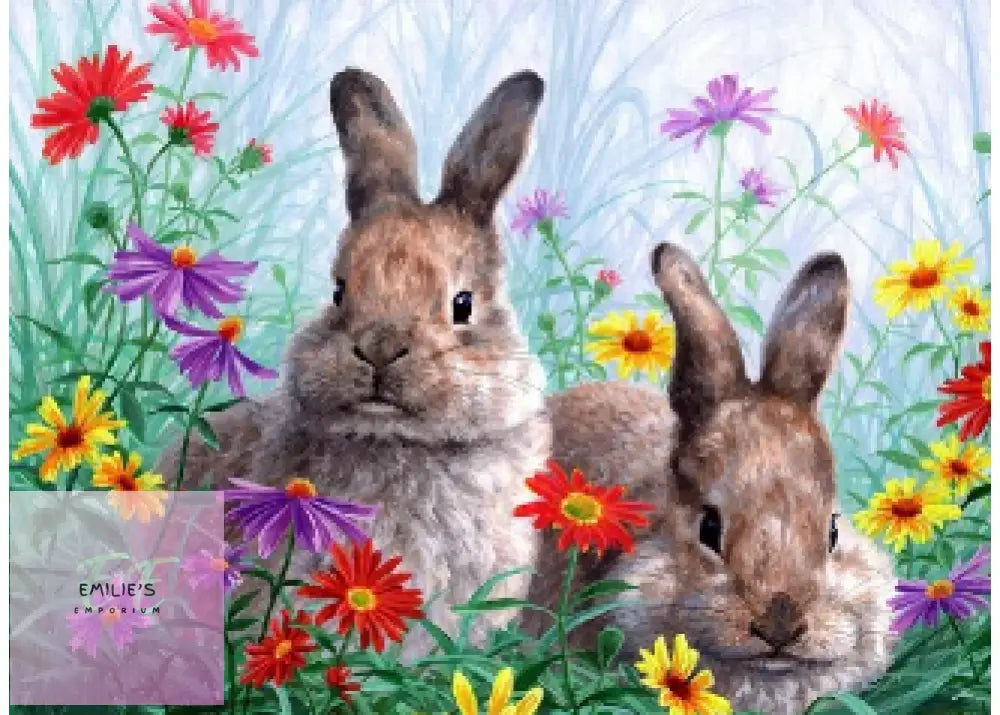 Rabbits In Flowers 5D Diamond Art 20X25Cm