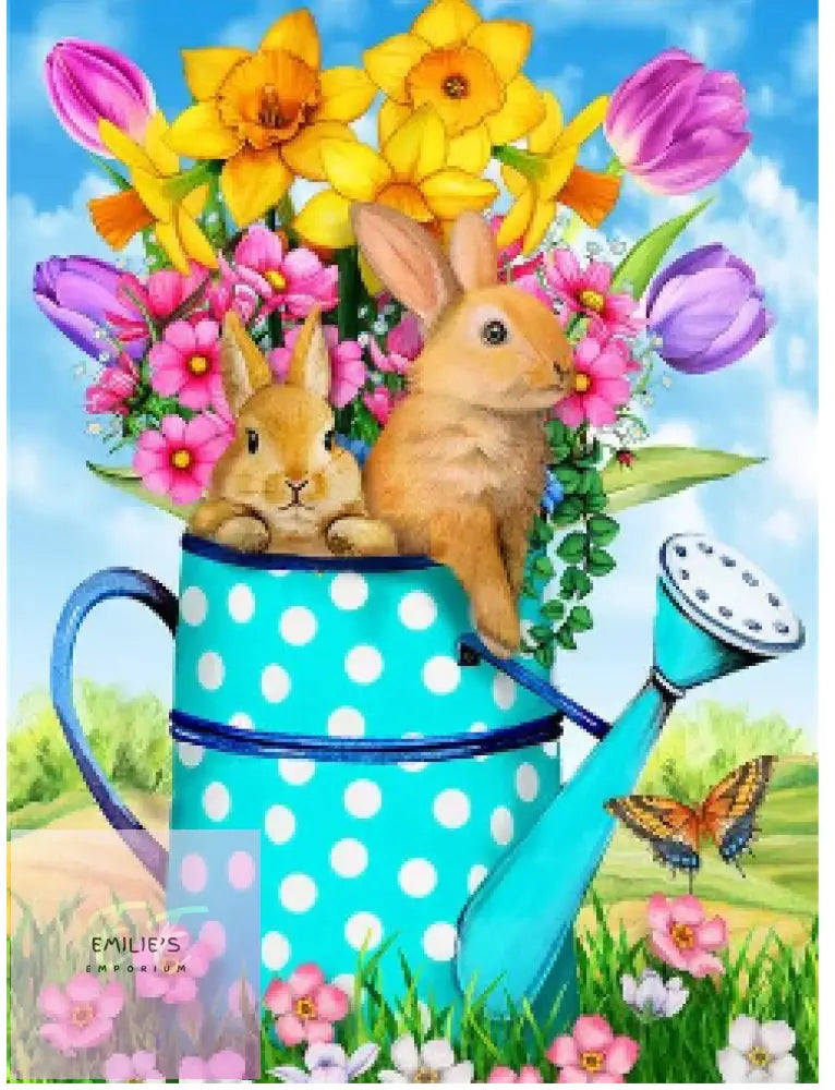 Rabbits In Watering Can With Flowers 5D Diamond Art 20X25Cm