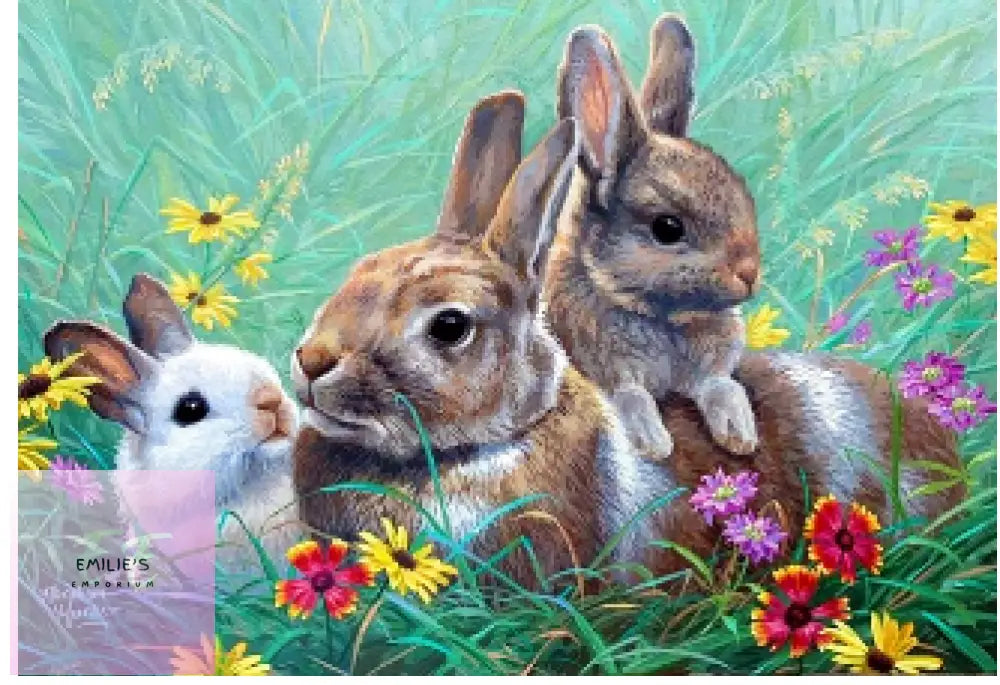 Rabbits Relaxing In Flowers 5D Diamond Art 20X25Cm