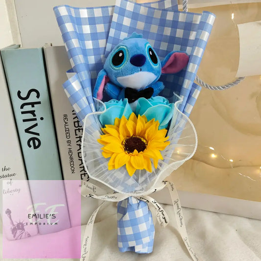 Stitch Plush Toys With Soap Flower Bouquets - Blue