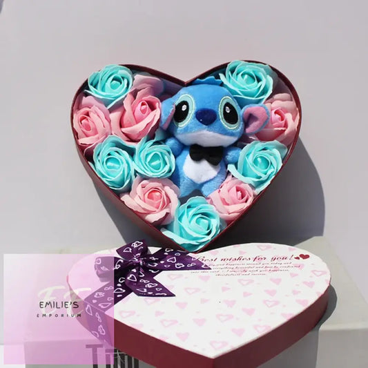 Stitch Plush Toys With Soap Flower Bouquets - Heart Box
