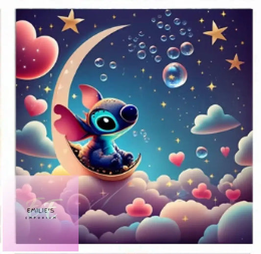 Stitch Sitting On Moon In The Sky With Clouds Diamond Art