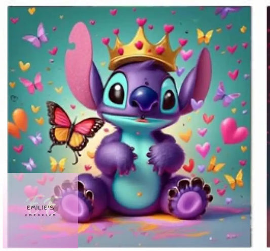 Stitch Wearing A Crown & Surrounded With Butterflies Hearts