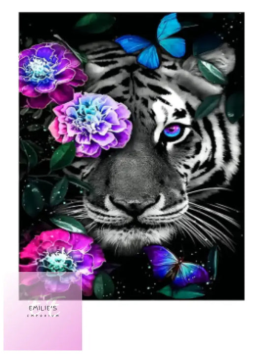 Tiger With Flowers & Butterflies Diamond Art
