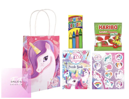 Unicorn Party Gift Bag Pre Filled - Includes 3 Items + Haribo Strawbs
