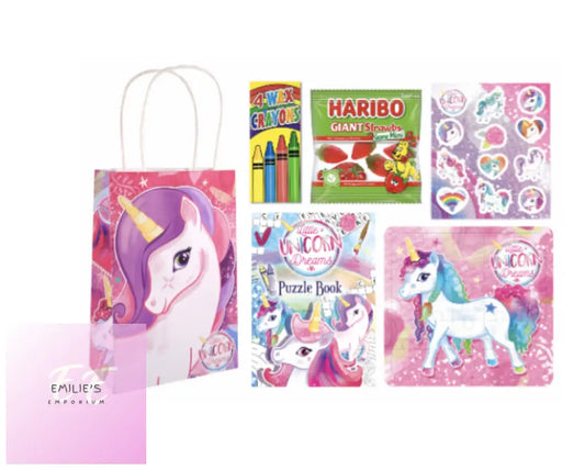 Unicorn Party Gift Bag Pre Filled - Includes 4 Items (J) + Haribo Strawbs