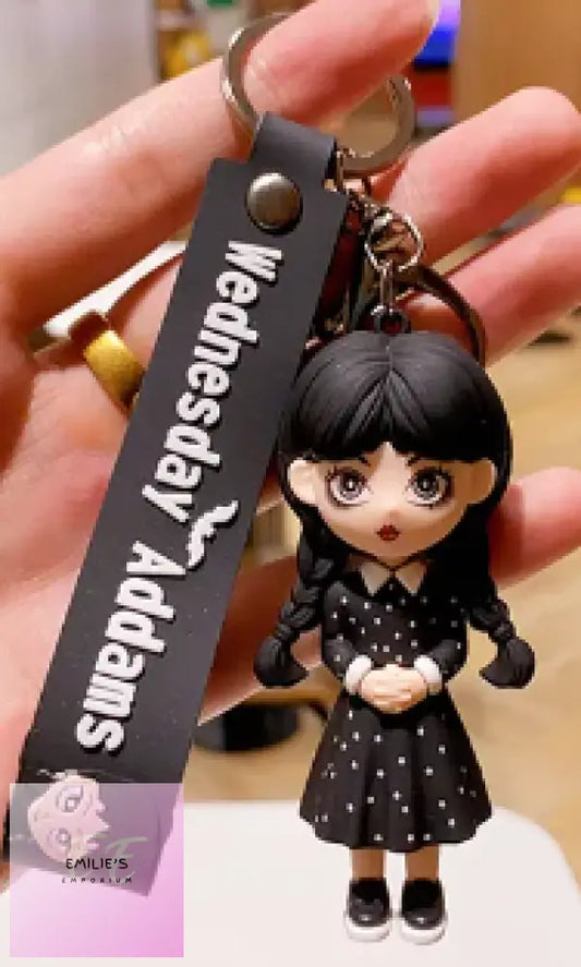 Wednesday Addams Wearing Black Dress With White Dots Key Ring