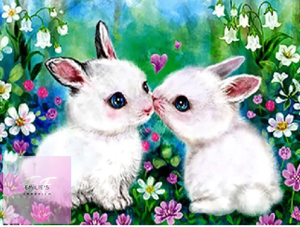 White Bunnies In Flowers 5D Diamond Art 20X25Cm