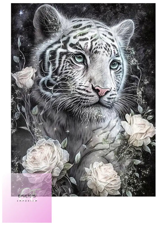 White Tiger With Roses Diamond Art